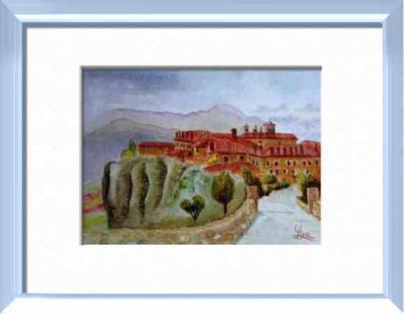 Aquarelle originale encadrée : Le Couvent d'Agios Stefanos, Météores - Grèce Le Couvent d'Agios Stefanos, Météores - Grèce, Paysages du monde - , aquarelle originale encadree, aquarelle avec cadre, carnet de voyage, aquarelle du monde