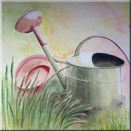Aquarelle originale encadrée : L'arrosoir au coin du jardin L'arrosoir au coin du jardin, Fleurs, plantes, nature - , aquarelle originale encadree, aquarelle avec cadre, carnet de voyage, aquarelle du monde