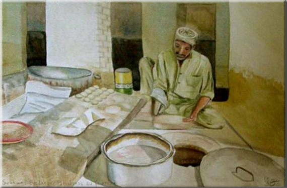Aquarelle originale encadrée : Boulanger pakistanais au fourneau, Sukkur - Pakistan Boulanger pakistanais au fourneau, Sukkur - Pakistan, Asie - Scènes de genre - , aquarelle originale encadree, aquarelle avec cadre, carnet de voyage, aquarelle du monde