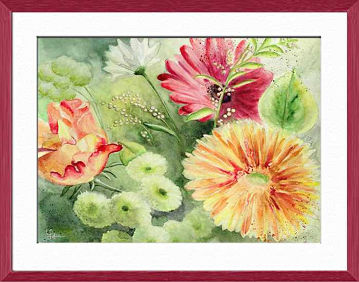 Bouquet en fête, Fleurs, plantes, nature - , aquarelle originale encadree, aquarelle avec cadre, carnet de voyage, aquarelle du monde