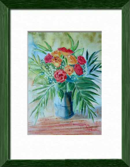 Aquarelle originale encadrée : Bouquet de roses, Trois vies pour un bouquet Bouquet de roses, Trois vies pour un bouquet, Fleurs, plantes, nature - , aquarelle originale encadree, aquarelle avec cadre, carnet de voyage, aquarelle du monde