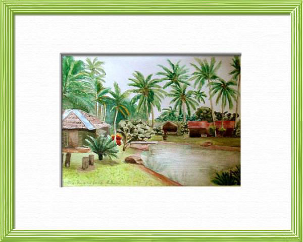 Halte exotique sous la palmeraie, Cherating - Malaisie, Asie - Paysages du monde - , aquarelle originale encadree, aquarelle avec cadre, carnet de voyage, aquarelle du monde