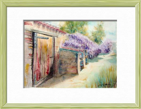 Wisteria and old stones, Spring flowering, World landscapes - , original framed watercolour, world travel diary, world watercolour