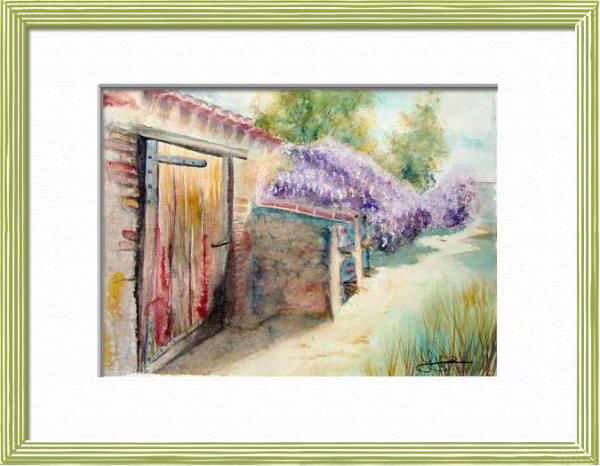 Glycine et vieilles pierres, Floraison de printemps, Paysages du monde - , aquarelle originale encadree, aquarelle avec cadre, carnet de voyage, aquarelle du monde