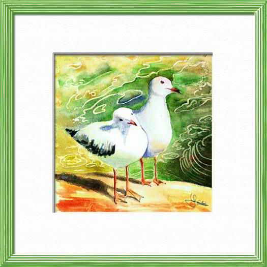 Aquarelle originale encadrée : Un couple de goélands au bord de l'eau, Australie du Sud Un couple de goélands au bord de l'eau, Australie du Sud, Oiseaux - , aquarelle originale encadree, aquarelle avec cadre, carnet de voyage, aquarelle du monde