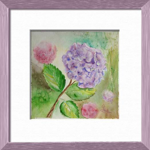 Un hortensia mauve de mon jardin, Fleurs, plantes, nature - , aquarelle originale encadree, aquarelle avec cadre, carnet de voyage, aquarelle du monde