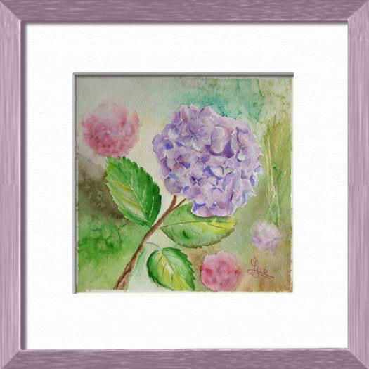 Un hortensia mauve de mon jardin, Fleurs, plantes, nature - , aquarelle originale encadree, aquarelle avec cadre, carnet de voyage, aquarelle du monde