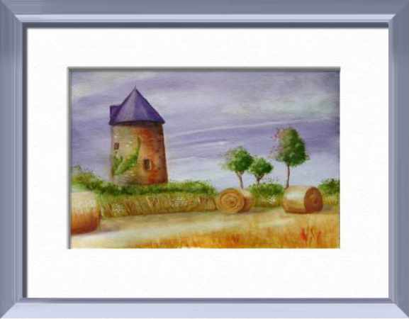 Mill on summer, Vendée - France, World landscapes - , original framed watercolour, world travel diary, world watercolour