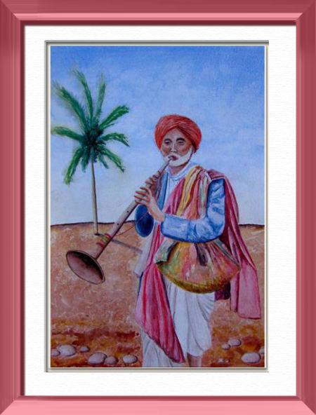 Un musicien nomade , Goa - Inde, Asie - Scènes de genre - , aquarelle originale encadree, aquarelle avec cadre, carnet de voyage, aquarelle du monde