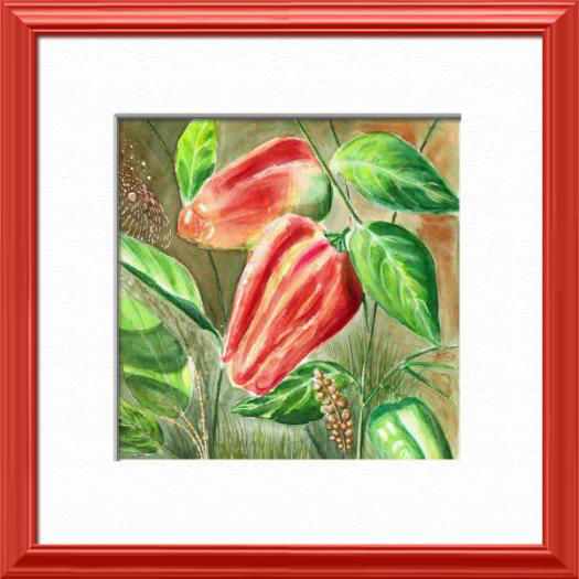 Poivrons rouges du potager, Cachés sous les feuilles, Instants gourmands - Fleurs, plantes, nature - , aquarelle originale encadree, aquarelle avec cadre, carnet de voyage, aquarelle du monde