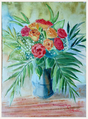 Aquarelle originale, Bouquet de roses, Trois vies pour un bouquet, peinture, aquarelle, carnet de voyage , bouquet, fleur, rose, rouge