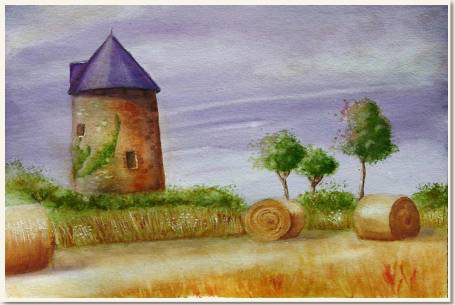 Aquarelle originale, Moisson au moulin, Vendée - France, peinture, aquarelle, carnet de voyage , moulin, paysage, blé, moisson