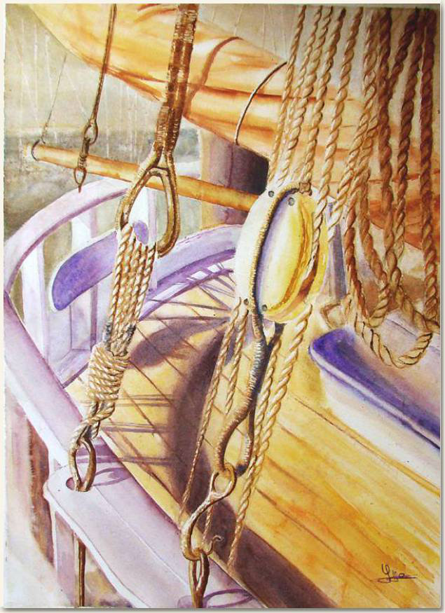 Aquarelle originale, Poulies et cordages, Port Olona - Les Sables d'Olonne, peinture, aquarelle, carnet de voyage , 