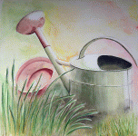 Aquarelle originale : Flowers and plants-The watering can  in the garden