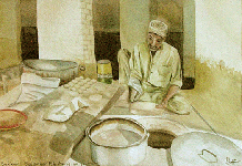 Aquarelle originale : Couleurs de l’Asie-Boulanger pakistanais au fourneau