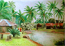 Aquarelle originale : Paysages du monde-Halte exotique sous la palmeraie