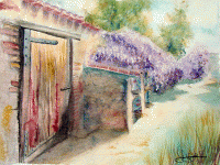 Aquarelle originale : Paysages du monde-Glycine et vieilles pierres