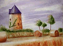 Aquarelle originale : Paysages du monde-Moisson au moulin