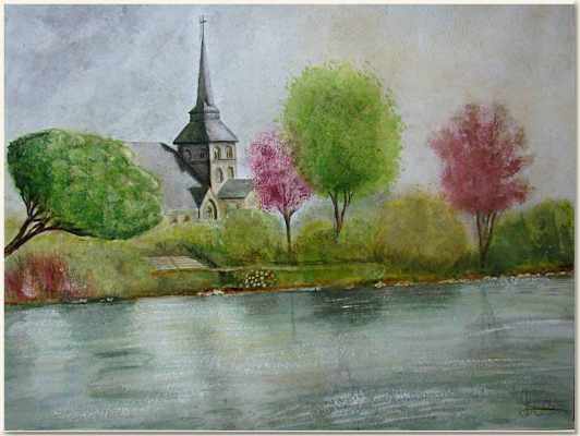 Aquarelle originale, Sur les bord de la Mayenne, Un Week-end sur l'eau, peinture, aquarelle, carnet de voyage , eglise, clocher, mayenne, bord de rivière, eau