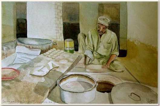 Aquarelle originale, Boulanger pakistanais au fourneau, Sukkur - Pakistan, peinture, aquarelle, carnet de voyage , boulanger, pain, pakistan, pide