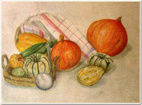 Aquarelle originale, Cucurbitacées en fête, Dans un coin de la cuisine, peinture, aquarelle, carnet de voyage , citrouille, courgette, cucurbitacee