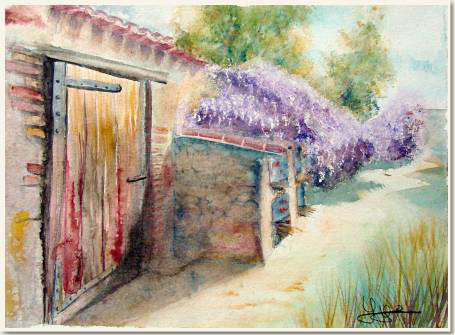 Aquarelle originale, Glycine et vieilles pierres, Floraison de printemps, peinture, aquarelle, carnet de voyage , glycine, pierres, porte