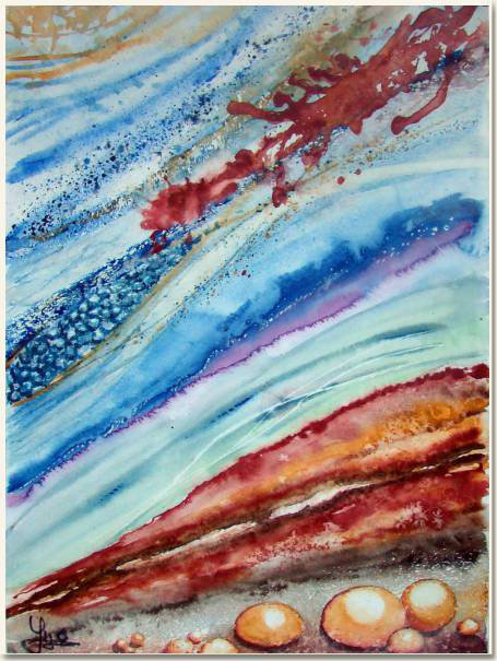 Aquarelle originale, Profondeurs, peinture, aquarelle, carnet de voyage , abstrait, mer, fond marin, bleu, rouge