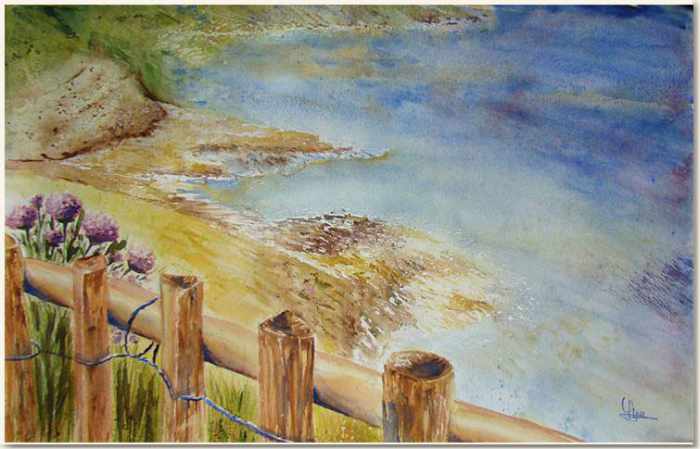 Aquarelle originale, Rayol Canadel, D'après une photo de Véro, peinture, aquarelle, carnet de voyage , rivage, plage, cote, marine, Méditerranee